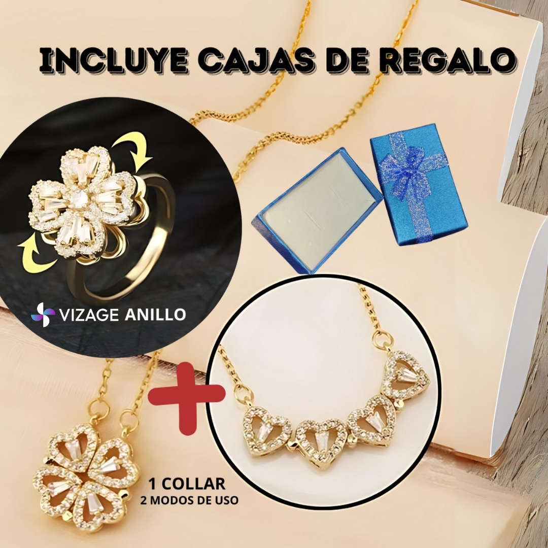 OFERTA DE LANZAMIENTO - COMBO 3 en 1 - Collar trébol corazón 2 modos + Anillo trébol giratorio de REGALO